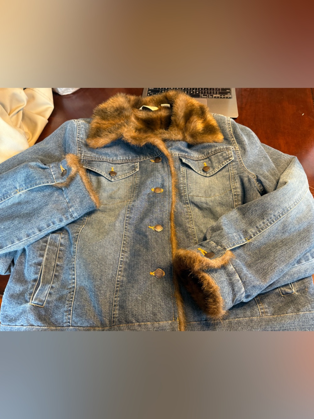 St. John's Bay Denim Jean Jacket with Brown Faux Fur Trim